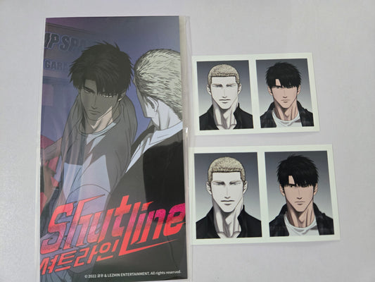 Anime character poster with 'Shutline' text and character portraits on a white background