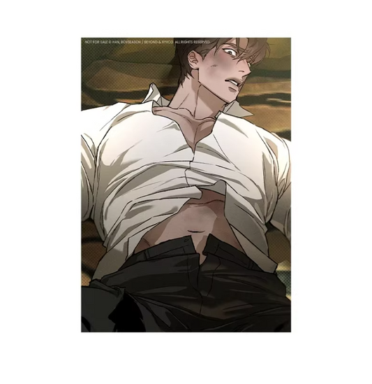 taekjoo postcard white shirt with the top button undone, sitting on a couch
