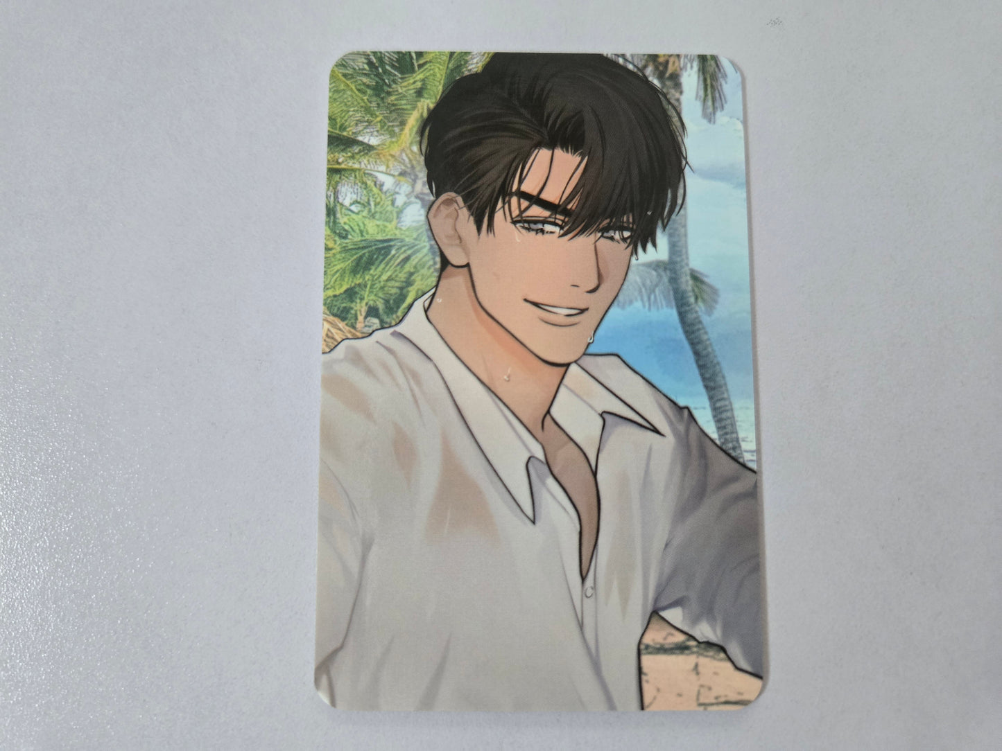 Illustration of Yoon Jay wearing a white shirt against a tropical background