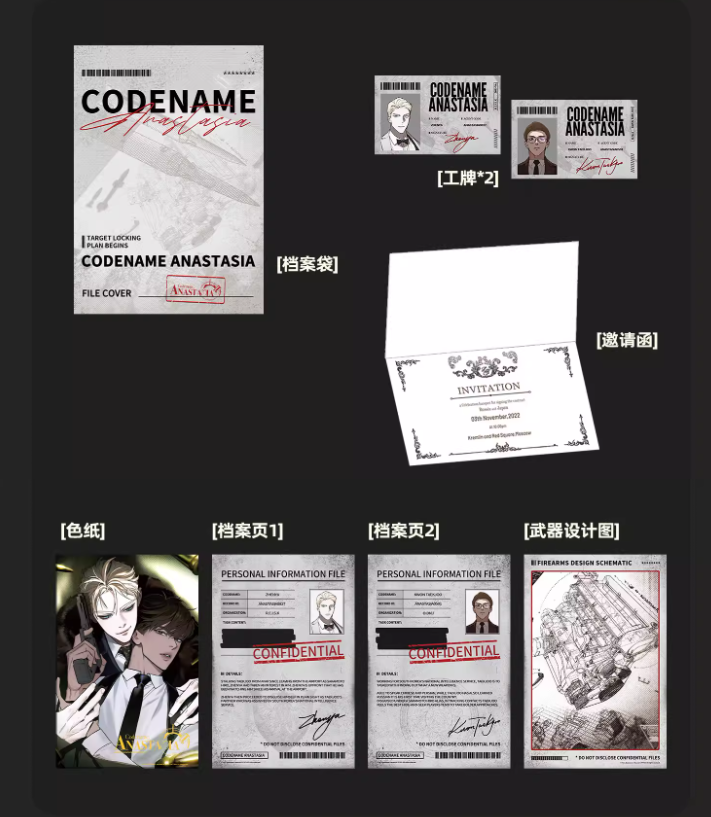 'CODENAME ANASTASIA' themed items including a file cover, invitation card, and character illustrations on a black background.