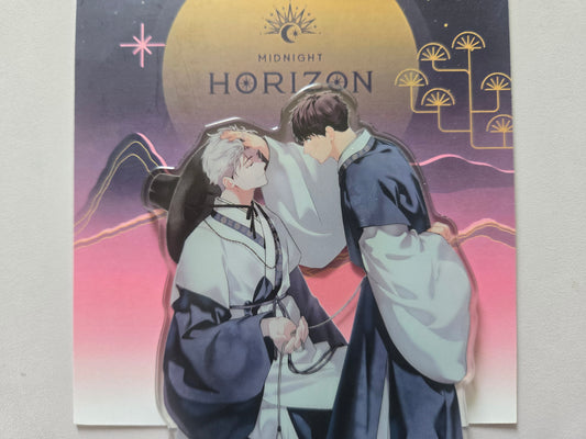 An acrylic standee featuring characters from PASSION where Taeui pats Ilay's head while dressed in Hanbok