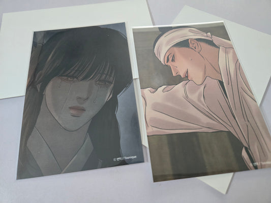 Painter of the night characters illustrations, placed on top of white envelopes against a light gray background.