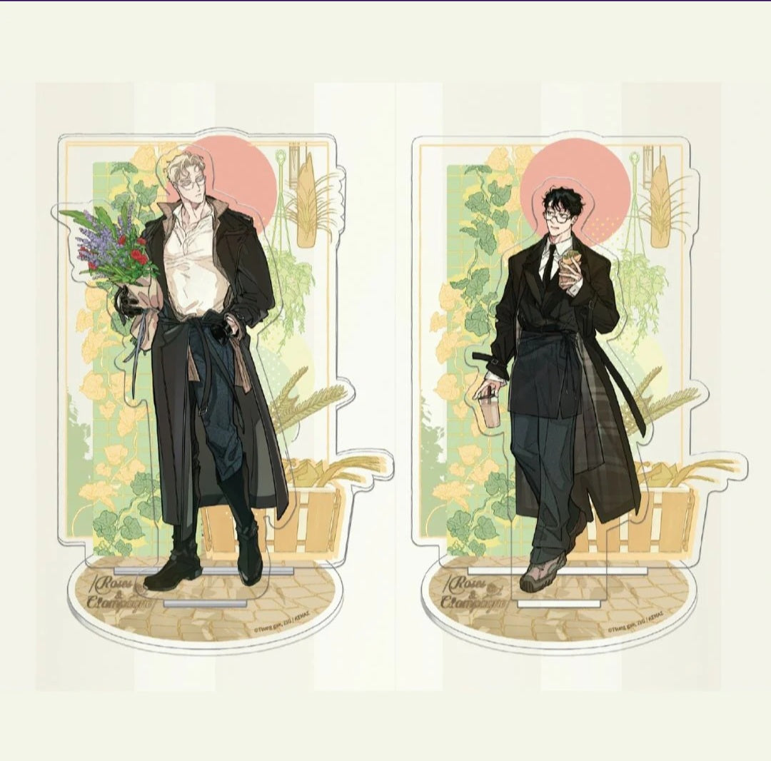 Roses and champagne characters in formal attire with floral arrangements on a decorative background