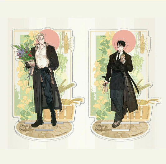 Roses and champagne characters in formal attire with floral arrangements on a decorative background