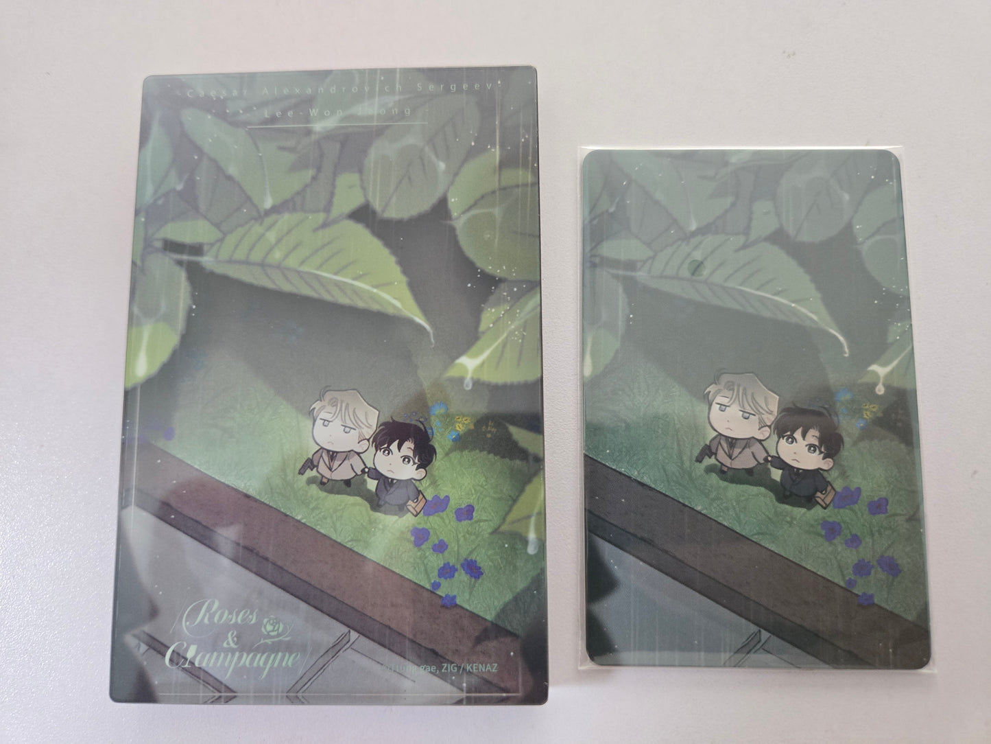 Roses and Champagne characters with leaf patterns and rain