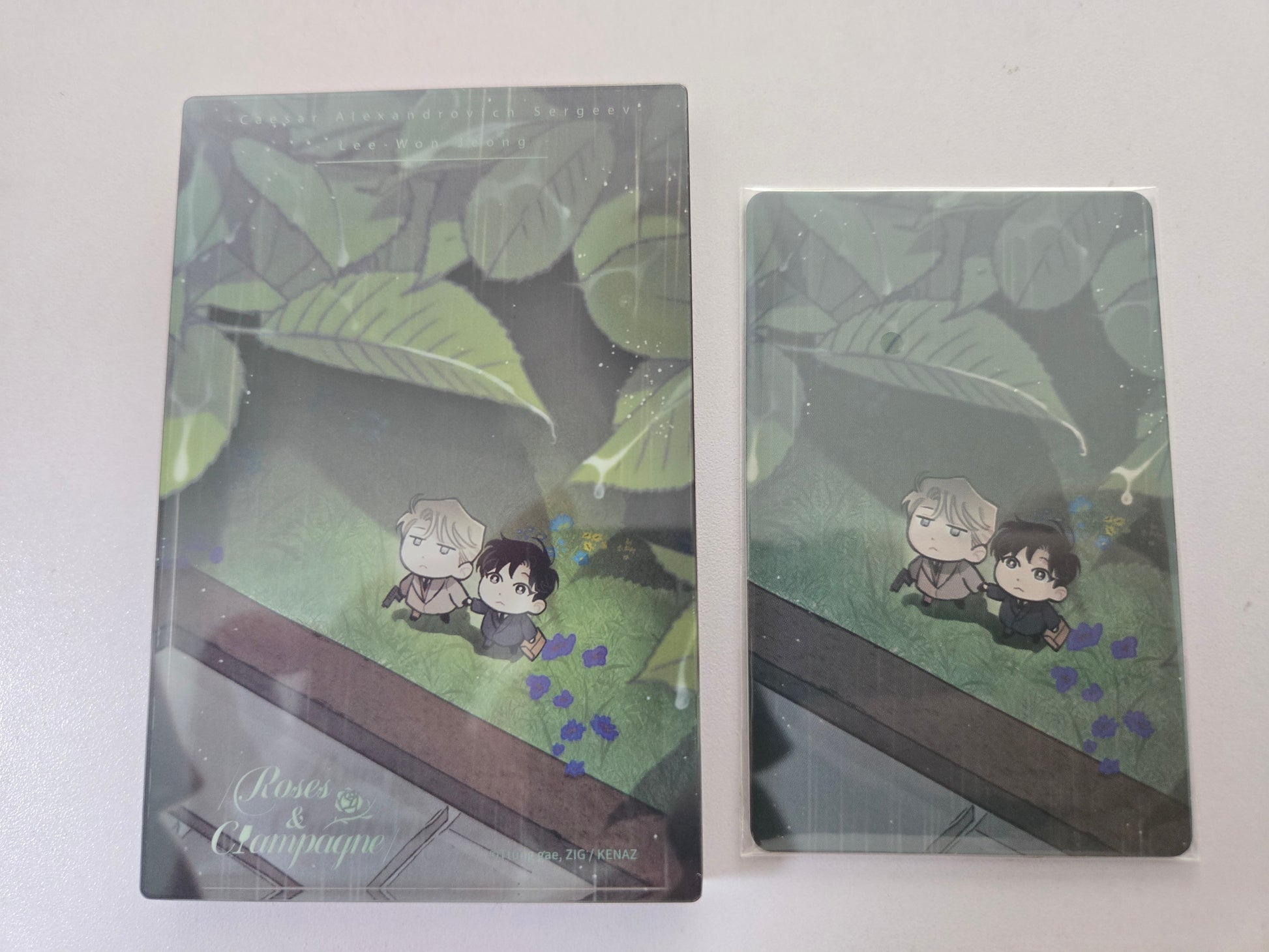 Roses and Champagne characters with leaf patterns and rain