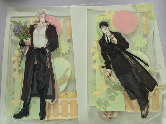 BL acrylic stands featuring roses and champagne characters in formal attire with decorative elements.