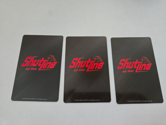 Three black photo cards with red 'Shutline' logo on a gray background