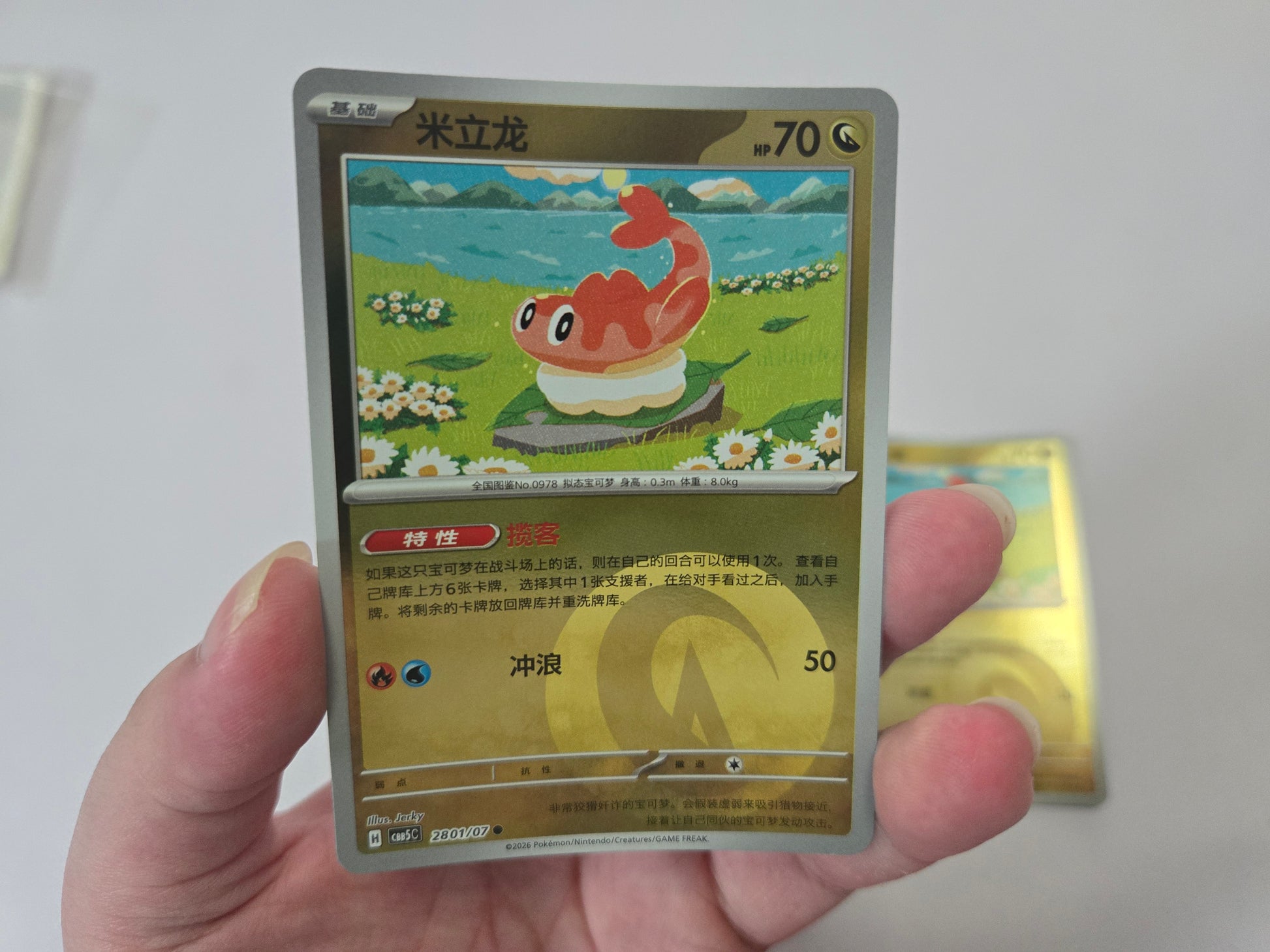Chinese Pokémon TCG card featuring Tatsugiri in a grassy field, with a Pokémon card deck blurred in the background.