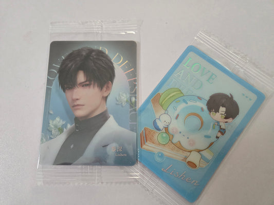 Zayne in a white jacket, and the other is a blue illustrated card with a cartoon character and the text 'LOVE AND DEEPSPACE' plus 'Lishen'.